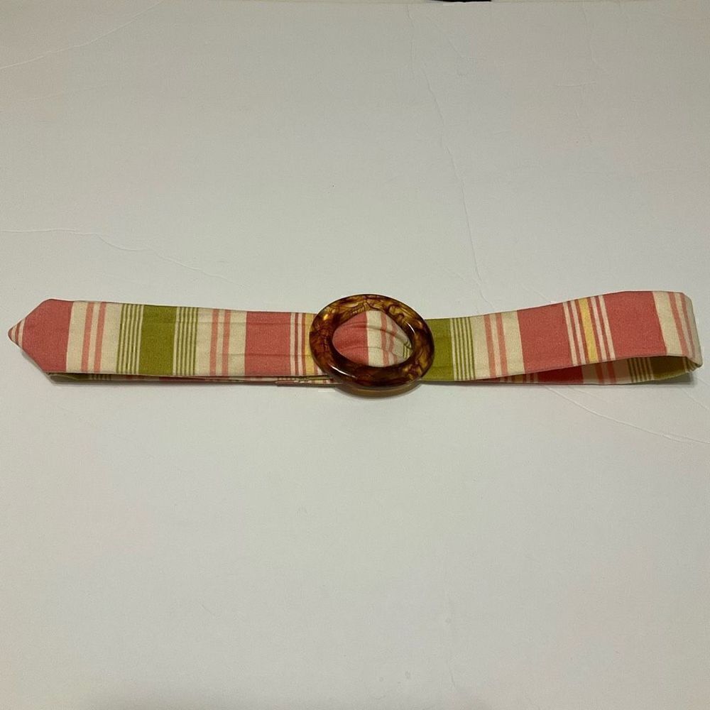 Eliza B Preppy Fabric Striped Belt with Slide Tortoise Shell Buckle, Small